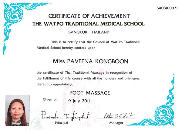 Certificaat Foot Massage van de Wat Po Traditional Medical School in Bangkok, 9 juli 2011