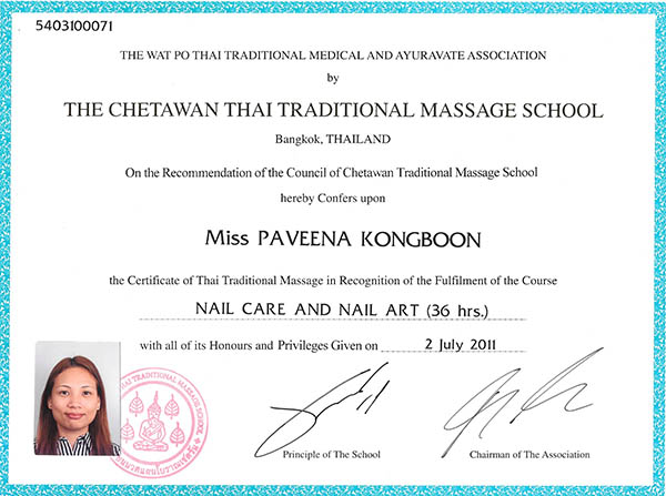 Certificaat Nail Care and Nail Art van de Chetawan Thai Traditional Massage School in Bangkok, 2 juli 2011