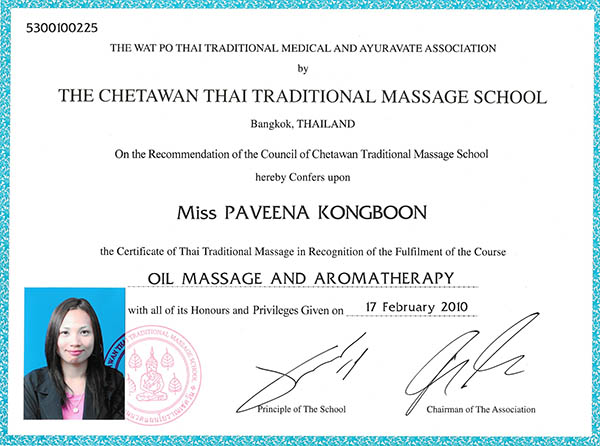 Certificaat Oil Massage and Aromatherapy van de Chetawan Thai Traditional Massage School in Bangkok, 17 februari 2010