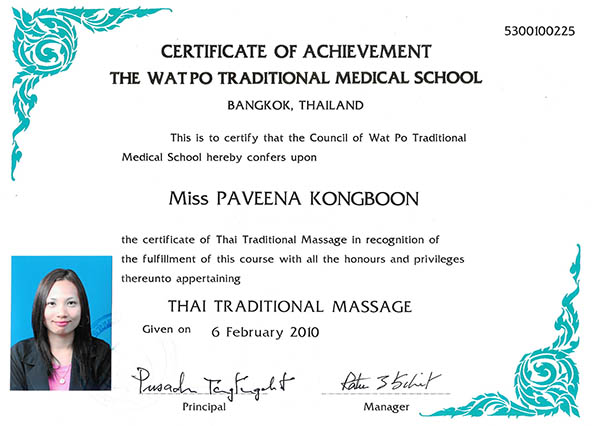 Certificaat Thai Traditional Massage van de Wat Po Traditional Medical School in Bangkok op naam van Paveena Kongboon, 6 februari 2010